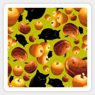 Black Cat and Pumpkins Tossed on Yellow Green Repeat 5748 Sticker